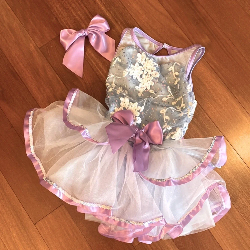 Girls Weissman EUC Blue & Purple Ballerina Costume w/Purple Hairbow - Sz XSC